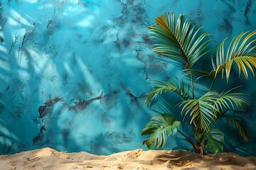 Tropical palm leaves on blue wall background,   render