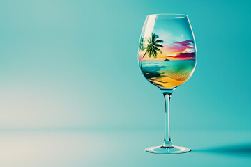 Authentic fun summer concept with tropical beach inside wine glass. Creative art vacation.