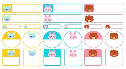 動物の顔お名前シール集_ねずみ、うさぎ、くま