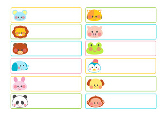 動物の顔お名前シール集_カラフルな枠