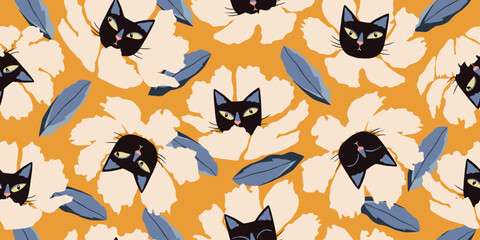 Seamless patterns with floral and kittens for fabric, textiles, wall art, poster, cover, banner, interior decor, Cat heads with flowers backgrounds.