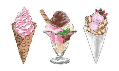 PNG engraved vintage style illustrations for posters, decoration, logo and menu. Hand drawn sketches set of ice cream cone, Hong Kong waffle and sundae ice cream in colorful 
