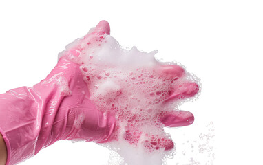 Isolated Pink Gloved Hand in Soap Suds, Index Finger Raised, White Background - Powered by Adobe