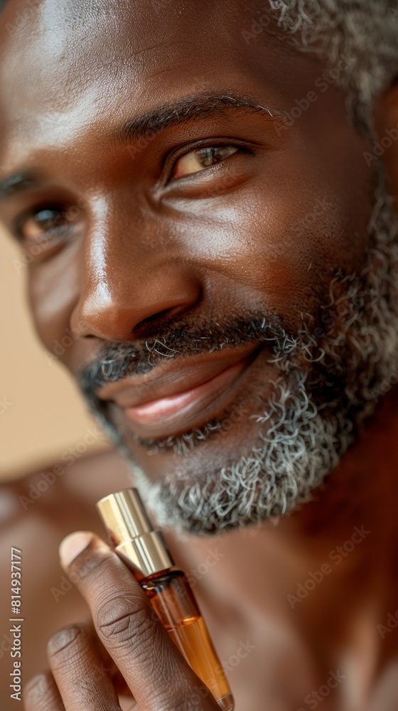 Sticker Man with gray beard and mustache holding a golden perfume bottle smiling with a warm and inviting expression.