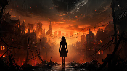 Silhouette in the front of a burning city.