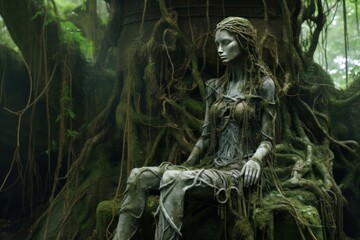 Ethereal statue of a woman blends with a mystical forest, surrounded by tangled roots and moss