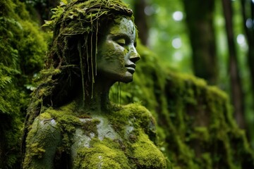 Enigmatic and mystical moss-covered forest statue surrounded by lush greenery and serene woodland, inspired by nature and ancient cultural artistry