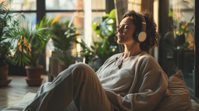 A woman in a cozy room wearing headphones and a soft sweater appears relaxed with her eyes closed surrounded by potted plants and natural light.