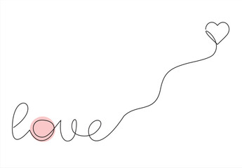 Line art continuous love word and heart isolated on white background. Love outline symbol, Valentine's Day one line design vector illustration.