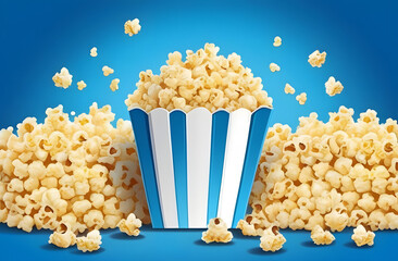 Striped box with popcorn on blue background