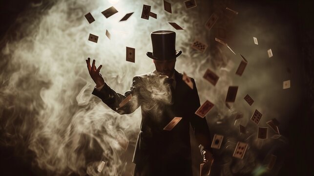 Magician in traditional costume practices alone in a dimly lit studio, AI-generated.