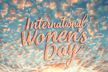 "International Women's Day" depicted in graceful cursive letters formed by the intricate patterns of swirling clouds in a vibrant sunset sky, inspiring hope and resilience.