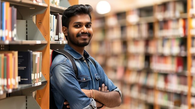Portrait of cheerful male international Indian student with backpack learning accessories standing near bookshelves at university library or book store during break between lessons Edu : Generative AI