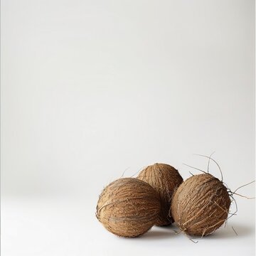 milky white background with three coconuts, a lot of empty space
