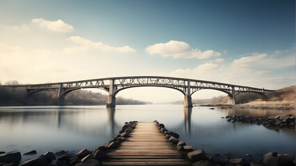Obraz premium A serene scene of a calm river with a grand bridge and a wooden walkway