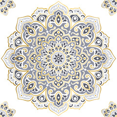 Gold, white and grey seamless pattern with mandala ornament. Traditional Arabic, Indian motifs. Great for fabric and textile, wallpaper, packaging or any desired idea.