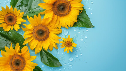 Sunflowers With Water Droplets on a Blue Background