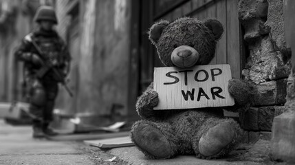 children's teddy bear with a poster, cardboard with the inscription "Stop the war", anti-war concept of protecting children to avoid fighting, military soldier in the background, black and white photo