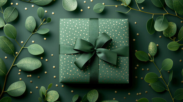 Gift box wrapped  in green paper with green bow on background decorated with leaves and gold