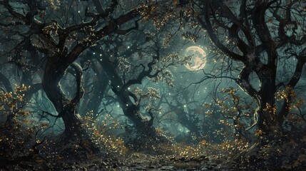 Moonlit forest enchantment gnarled trees velvety darkness backdrop