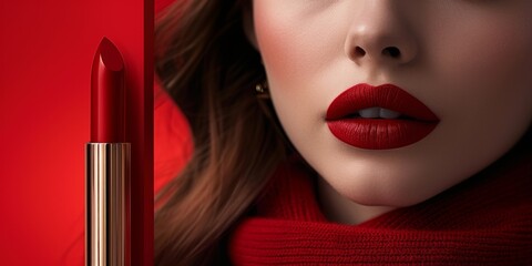 Portrait promotion, lipstick lipstick promotion cosmetic brand, lip gloss mockup with text space, red lipstick brand luxury brand,Vibrant Red Lipstick: Luxurious Beauty with Captivating Lip Color in 