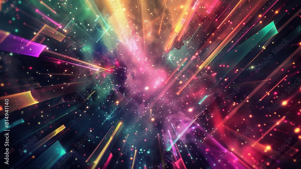 Sticker abstract dreamscape with neon-colored shapes in dark void backdrop