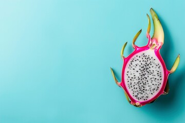 Half of delicious dragon fruit pitahaya on light blue