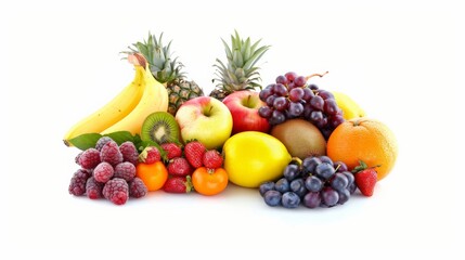 A variety of fruits including apples, bananas, grapes, pineapple, kiwi, raspberries, strawberries, and oranges.