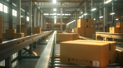 Cardboard boxes on a conveyor depict a modern cargo freight transportation hub. 3D render.