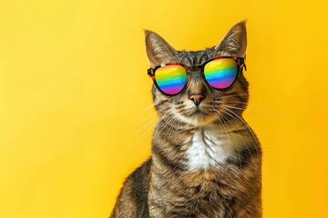 Funny cat in stylish sunglasses with rainbow lenses