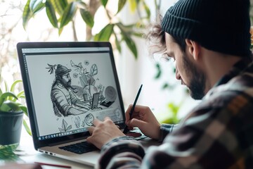 Happy man learning to draw with online course