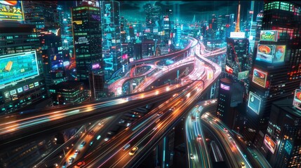 Night scene of futuristic metropolis with neon glow backdrop
