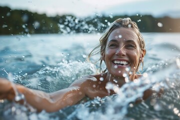 Obraz premium Happy mature woman having fun in lake