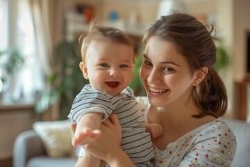 Happy mother playing with son in living room at home