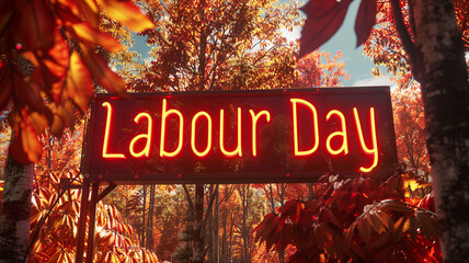 "Labour Day" in bold, fiery red letters, nestled amidst a forest of autumn trees ablaze with vibrant hues of orange and gold.