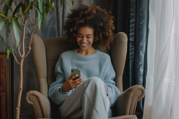 Obraz premium Happy woman using mobile phone sitting cross-legged