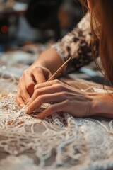 Obraz premium Hands of fashion designer doing embroidery on fabric