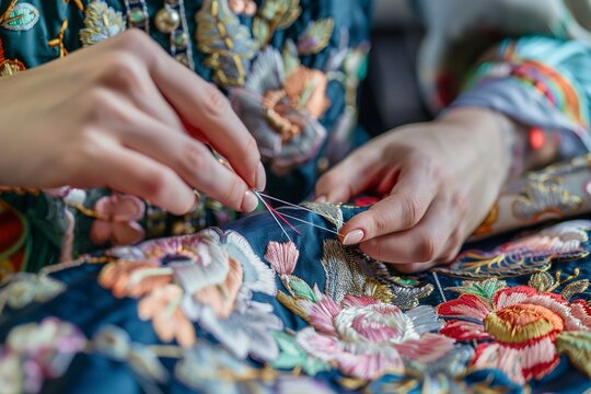 Hands of fashion designer doing embroidery on fabric