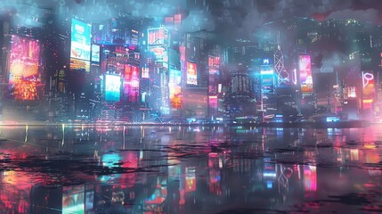 Obraz premium Futuristic cityscape with holographic displays backdrop