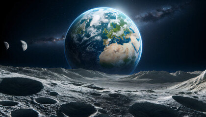 A dramatic space scene depicting Earth viewed from the moon's surface. The Earth appear prominently in the sky