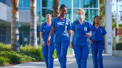 Diverse team of medical students young women in scrubs walk together on a university hospital campus Happy health students taking an educational journey to become healthcare profession : Generative AI