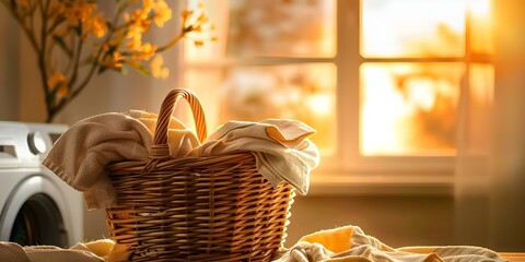 Household Chore Concept: Clothes in Laundry Basket Near Washing Machine. Concept Laundry Organization, Household Tasks, Clean Laundry, Housekeeping Efficiency, Laundry Room Setup