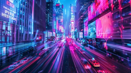 Neon-lit cityscape with towering skyscrapers and luminescent traffic backdrop