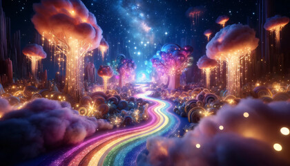 Obraz premium A magical and fantastical landscape with a glowing rainbow path winding through a surreal, dreamlike environment