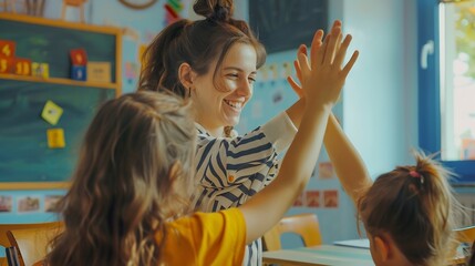 Happy elementary school teacher giving highfive to her student during class in the classroom : Generative AI