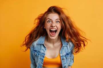 Image of excited screaming young woman standing