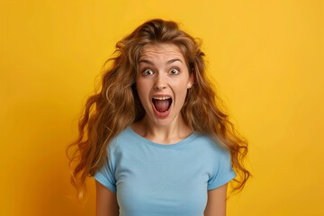 Image of excited screaming young woman standing