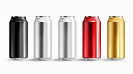 Realistic metal cans. Aluminum and lemonade beverage can of different colors. Vector illustration black silver white mock up cans set on white background for packaging energy drink
