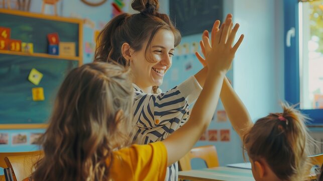 Happy elementary school teacher giving highfive to her student during class in the classroom : Generative AI