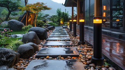 Garden with LED outdoor light posts, enhancing the beauty of your residential rockery garden.